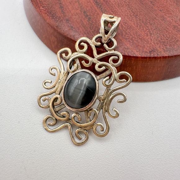 Vintage Sterling Silver 925 Gray Labradorite Filigree Pendant 90s Grunge Celtic - Picture 3 of 12